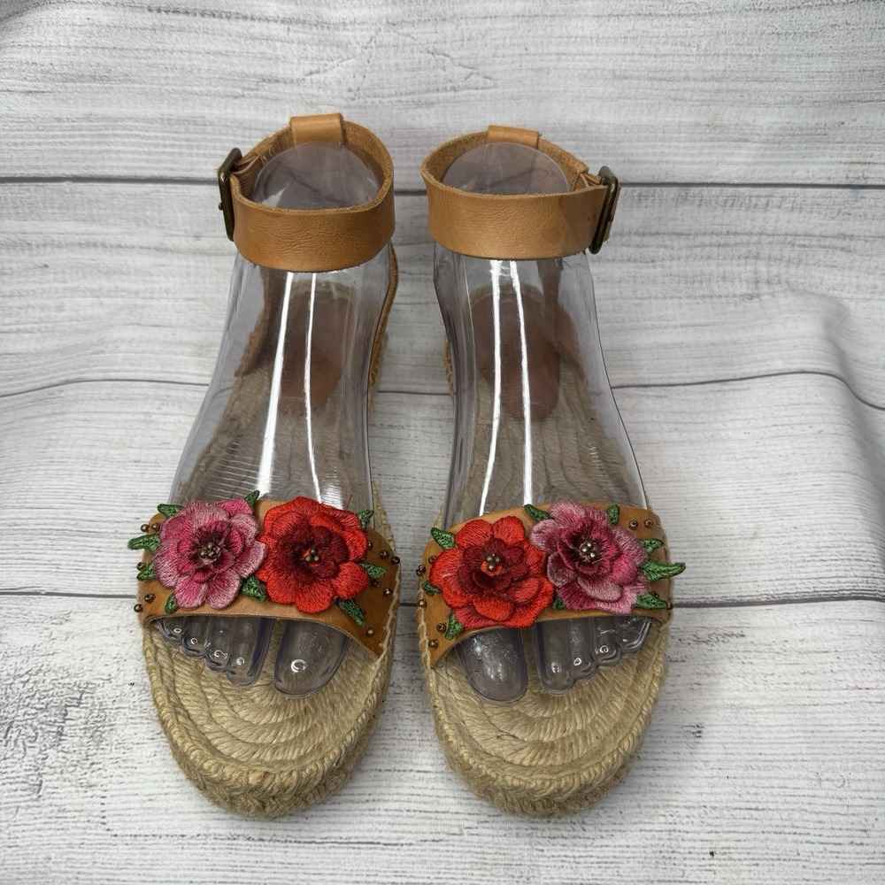 Soludos x Anthropologie Bahia Brown Leather Floral Espadrille‎ Sandals Size 6.5 - Picture 3 of 8